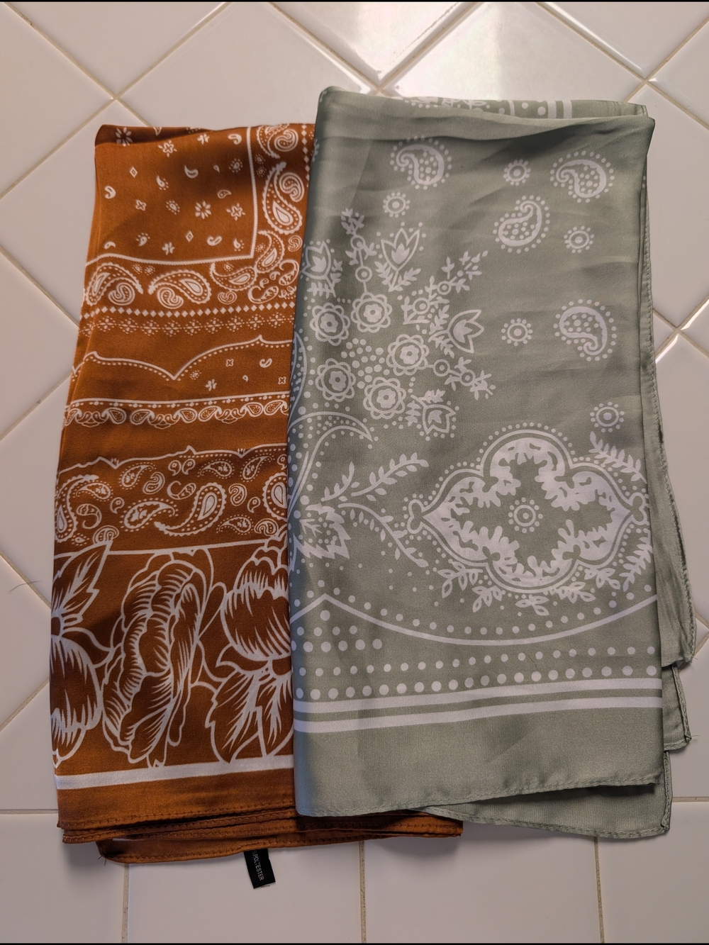 Silky Paisley Bandana Scarf - Sage Green & Rust